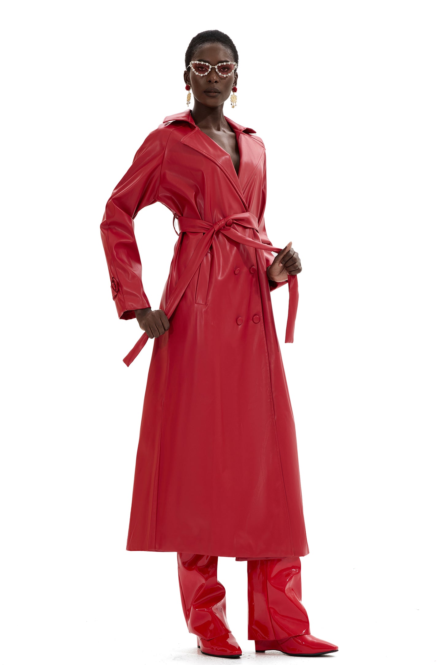 Pu Leather Solid Double Breasted Midi Coat