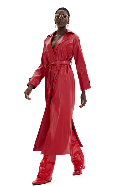 Pu Leather Solid Double Breasted Midi Coat