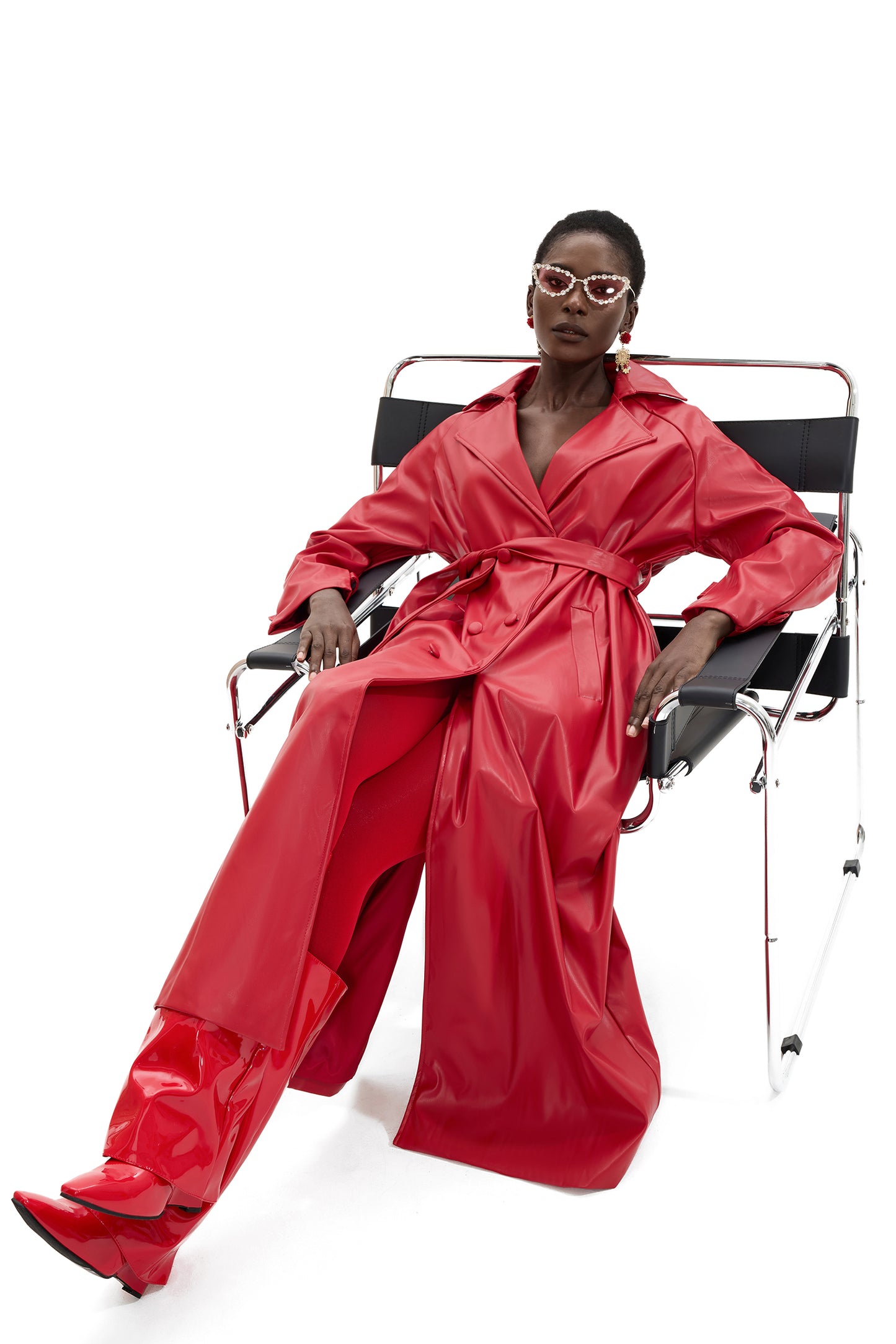 Pu Leather Solid Double Breasted Midi Coat