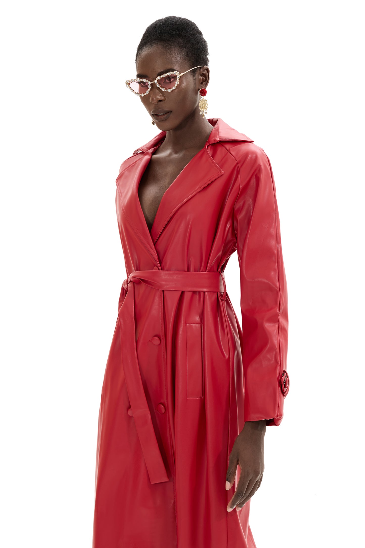 Pu Leather Solid Double Breasted Midi Coat