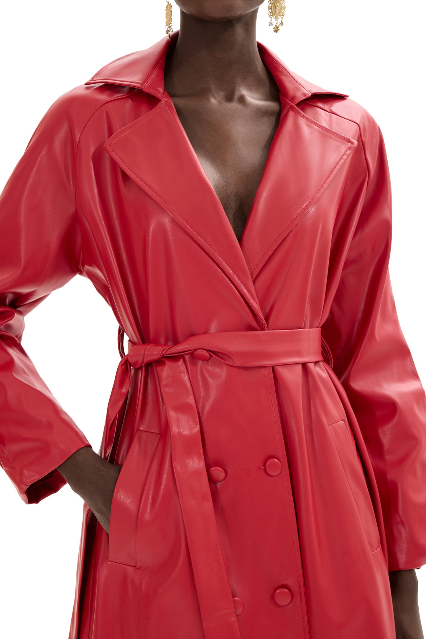 Pu Leather Solid Double Breasted Midi Coat