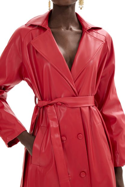 Pu Leather Solid Double Breasted Midi Coat