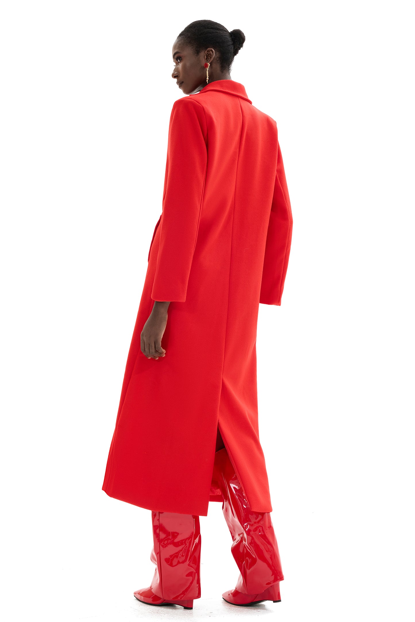 Woolen Red Long Sleeve Pocket Coat