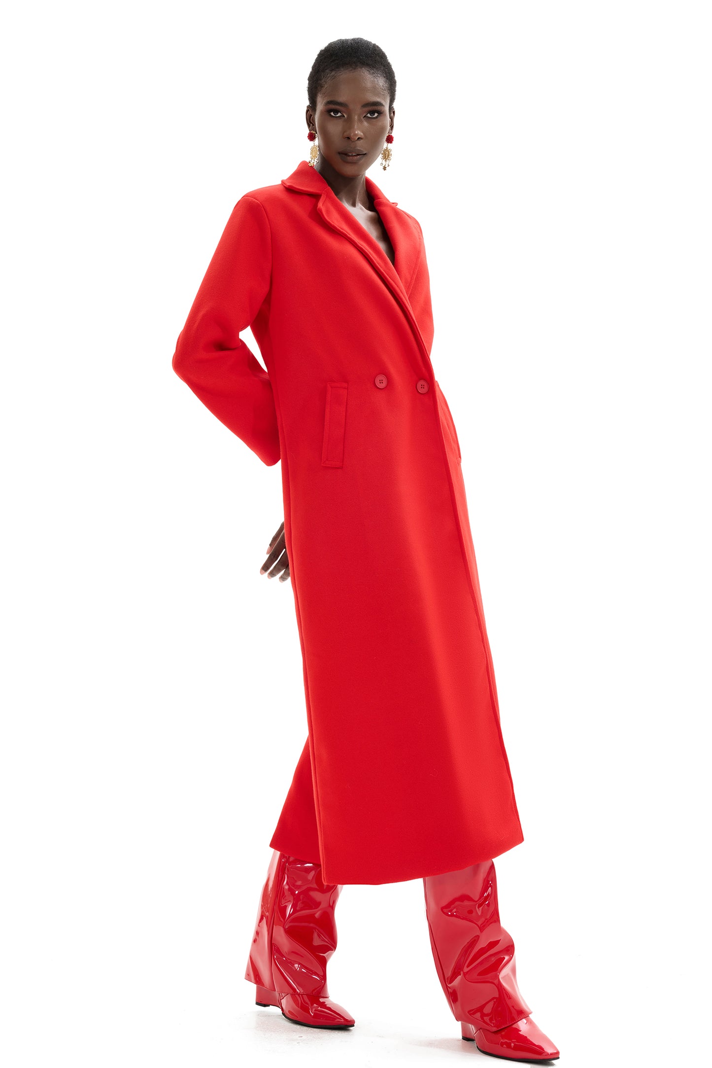 Woolen Red Long Sleeve Pocket Coat