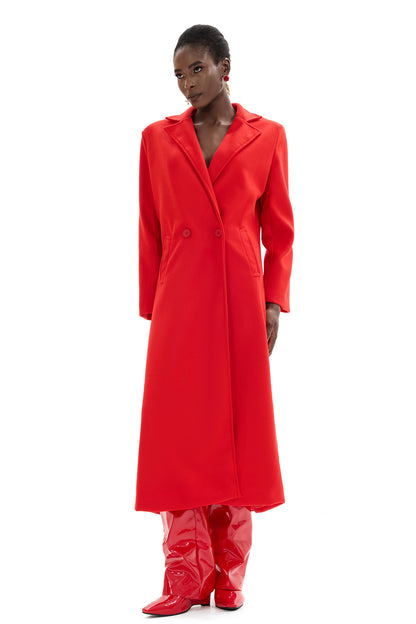Woolen Red Long Sleeve Pocket Coat