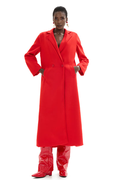 Woolen Red Long Sleeve Pocket Coat