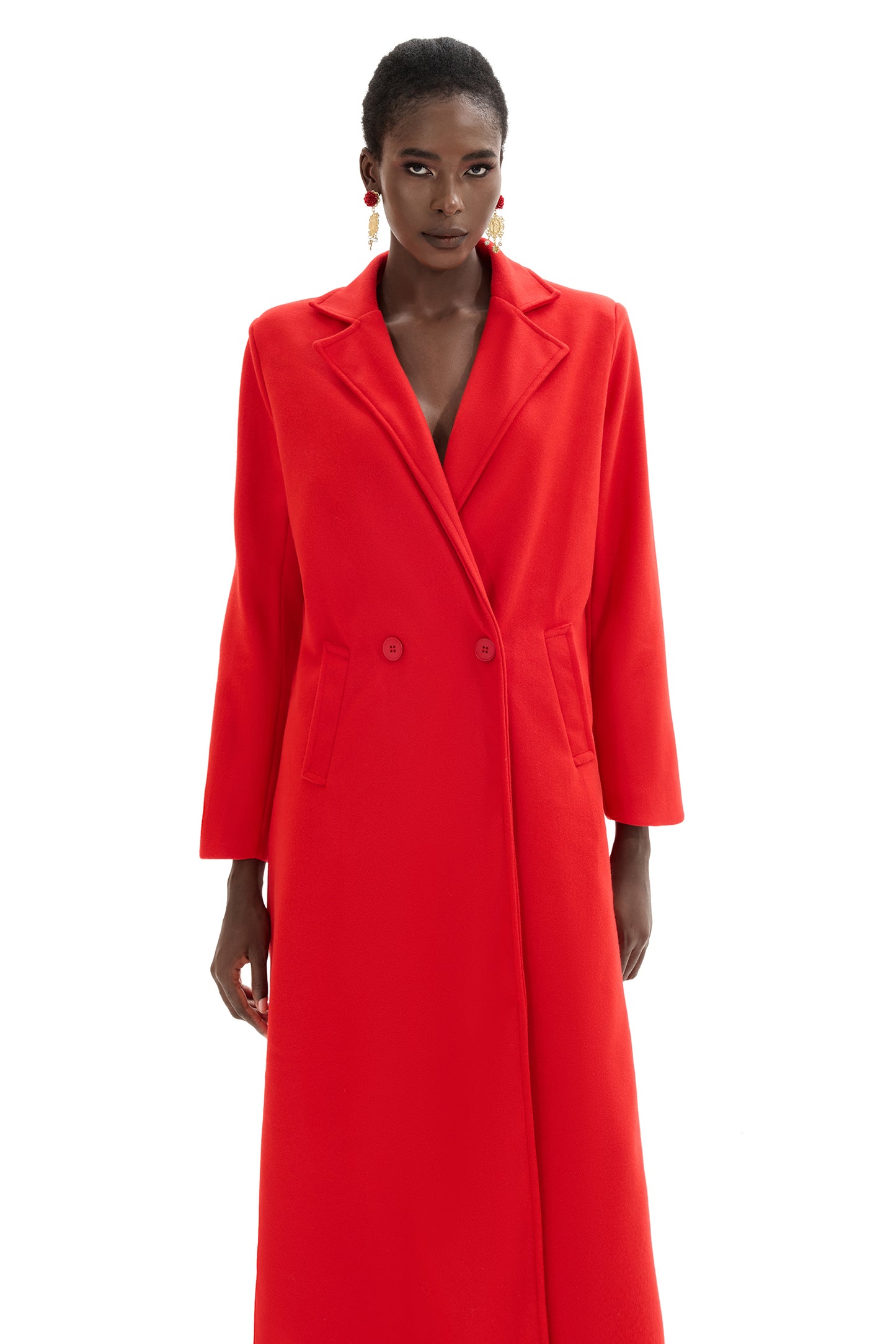 Woolen Red Long Sleeve Pocket Coat