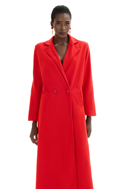 Woolen Red Long Sleeve Pocket Coat