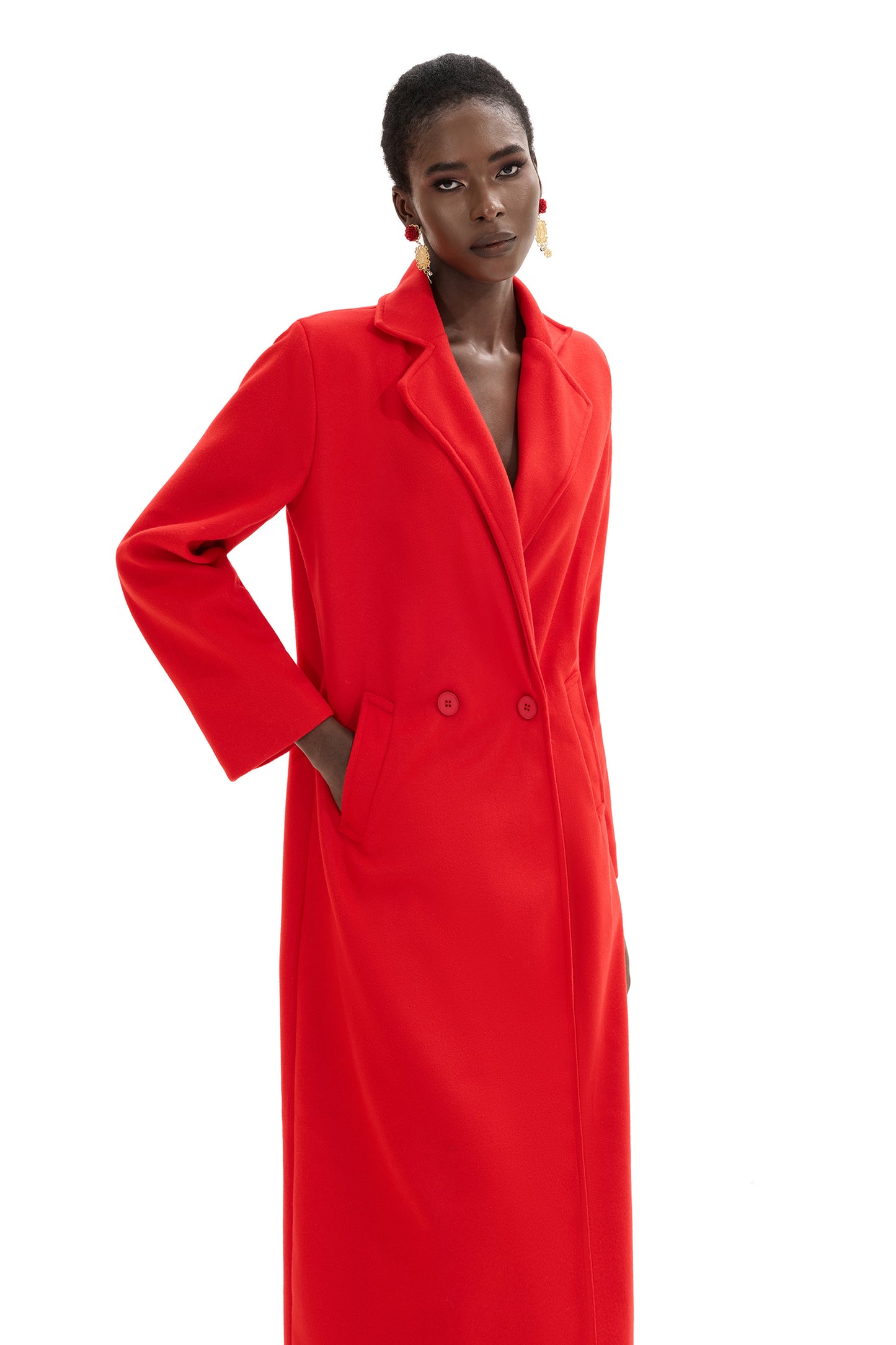Woolen Red Long Sleeve Pocket Coat