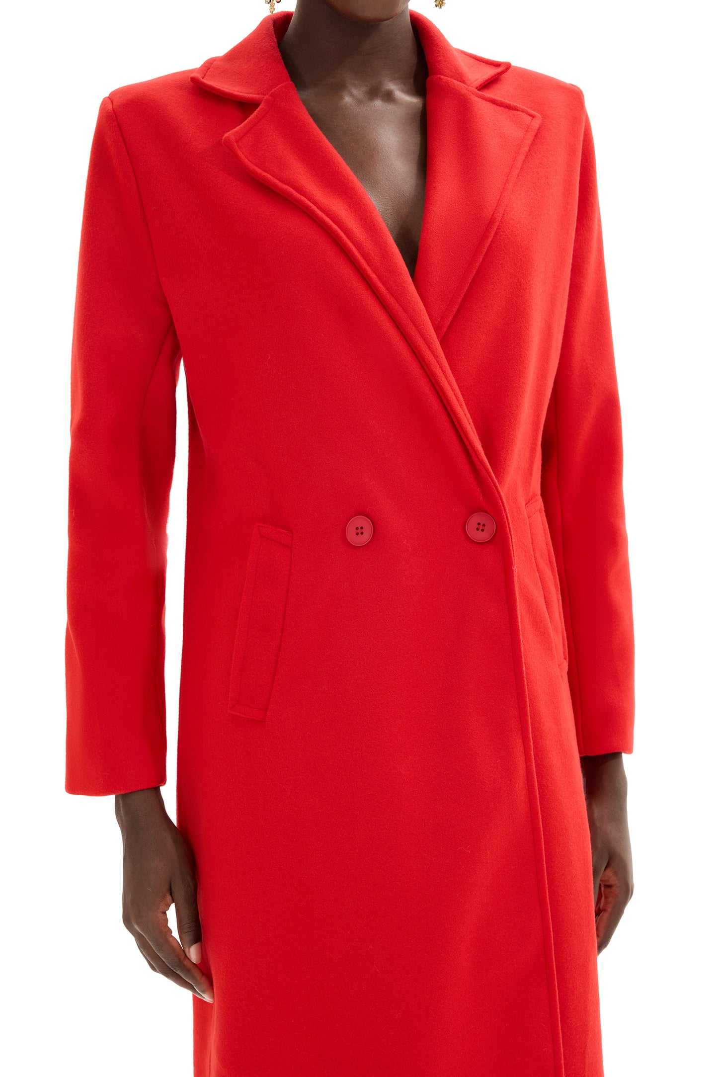 Woolen Red Long Sleeve Pocket Coat