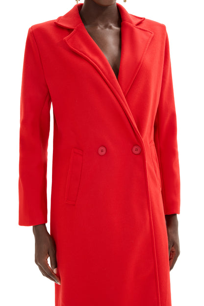 Woolen Red Long Sleeve Pocket Coat