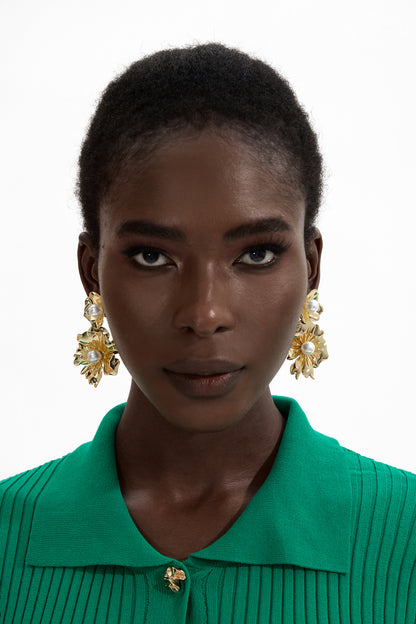 Flower Shape Faux Pearl Metal Earrings