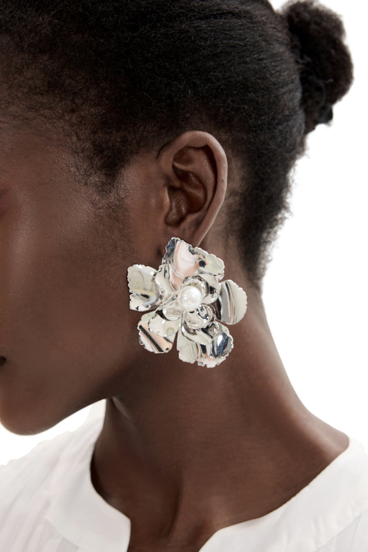 Flower Shape Faux Pearl Metal Earrings