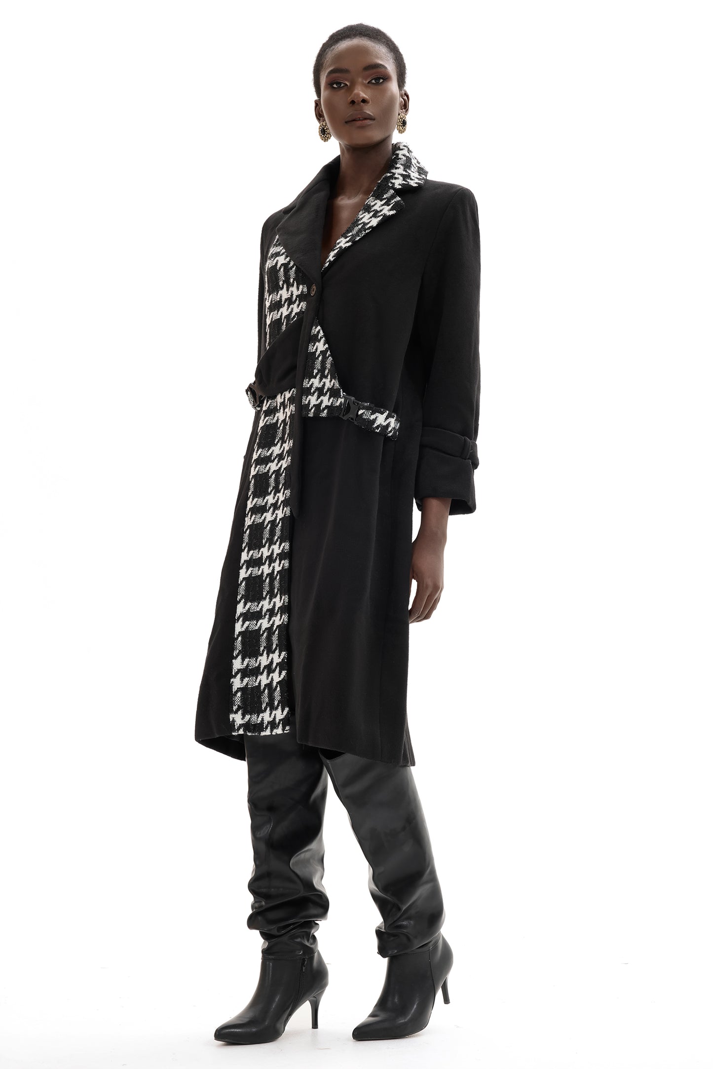 Woolen Splicing Tweed Long Sleeve Coat