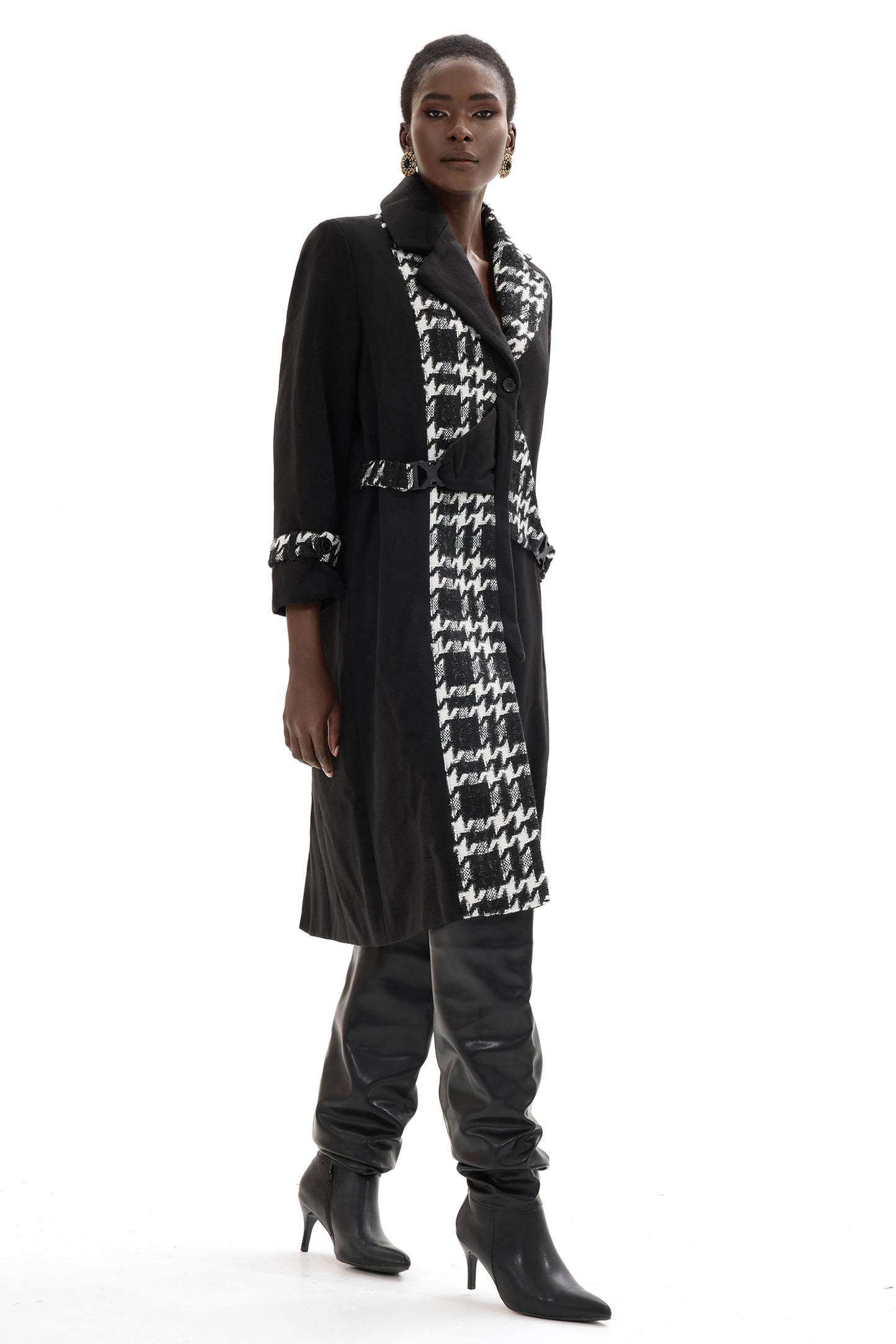 Woolen Splicing Tweed Long Sleeve Coat