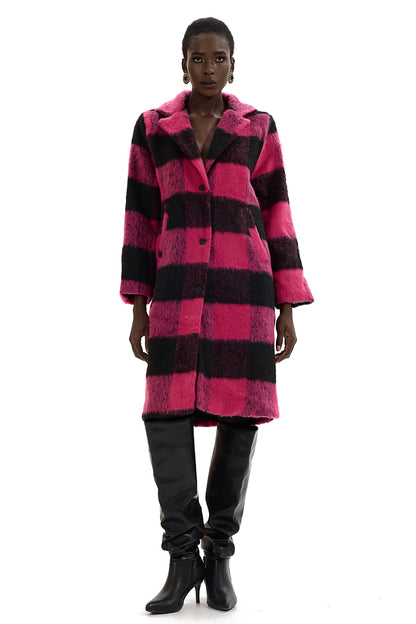 Faux Woolen Plaid Midi Coat