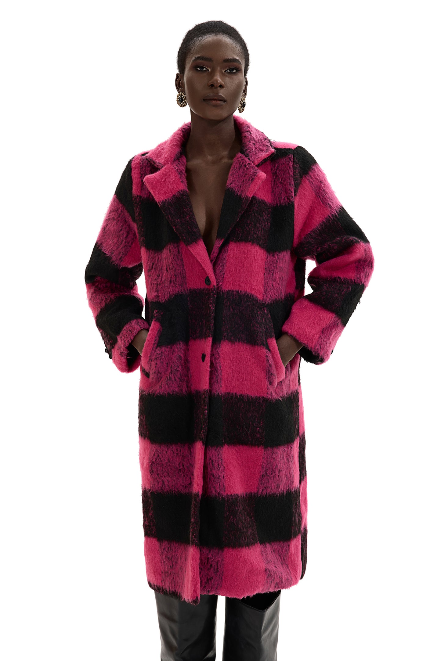Faux Woolen Plaid Midi Coat