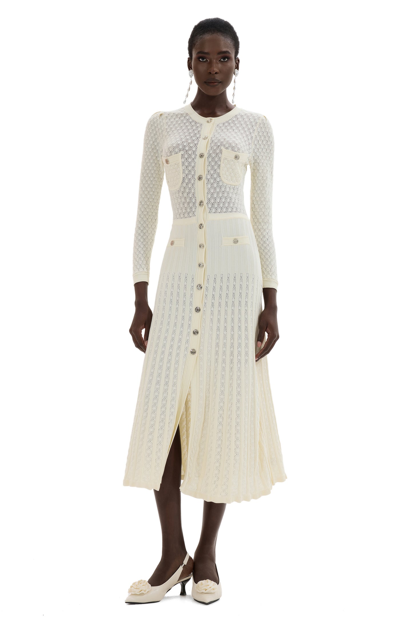 Knit Button Long Sleeve Midi Dress