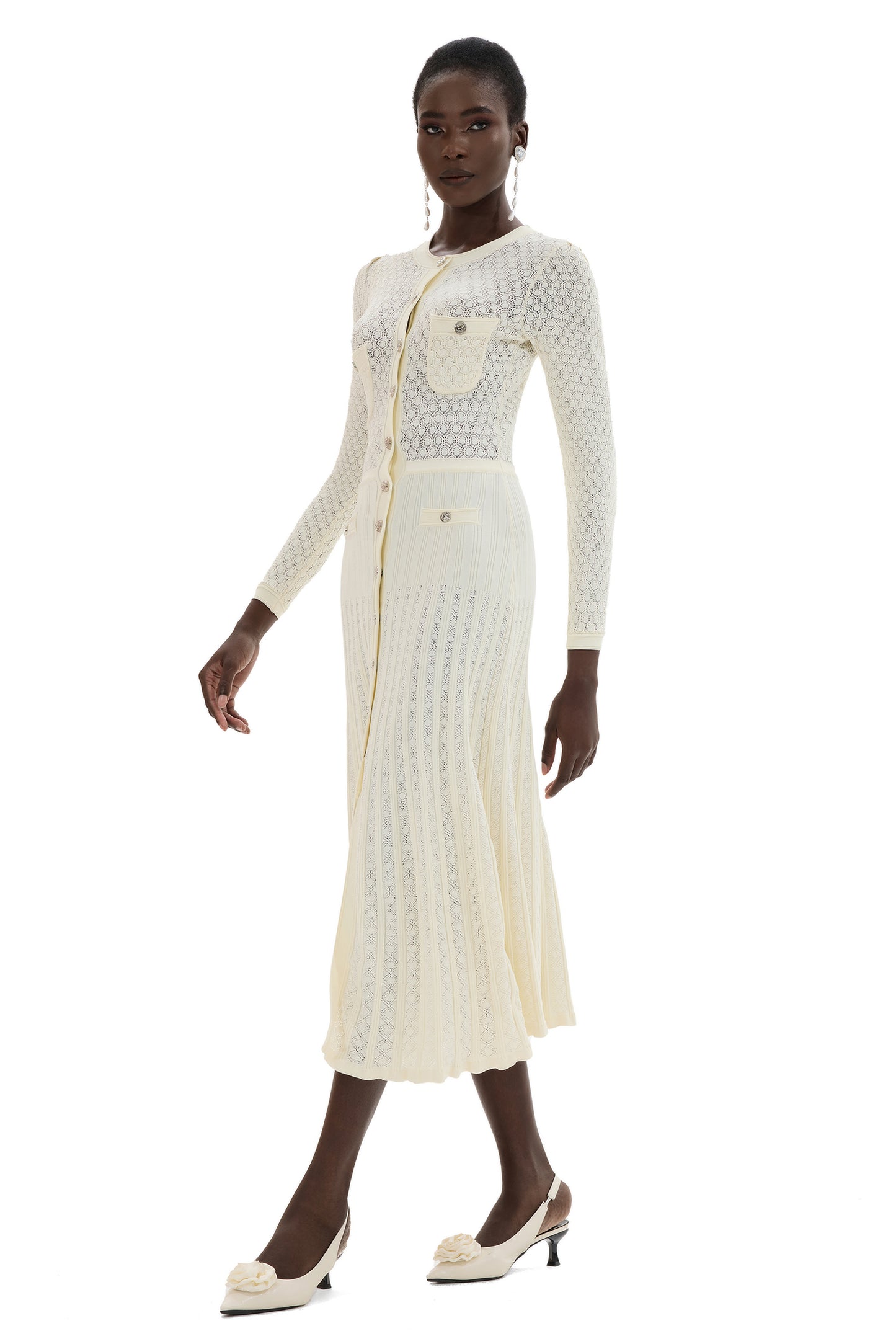 Knit Button Long Sleeve Midi Dress