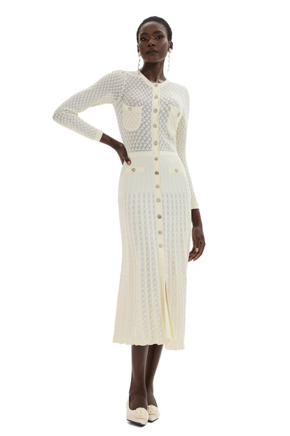 Knit Button Long Sleeve Midi Dress