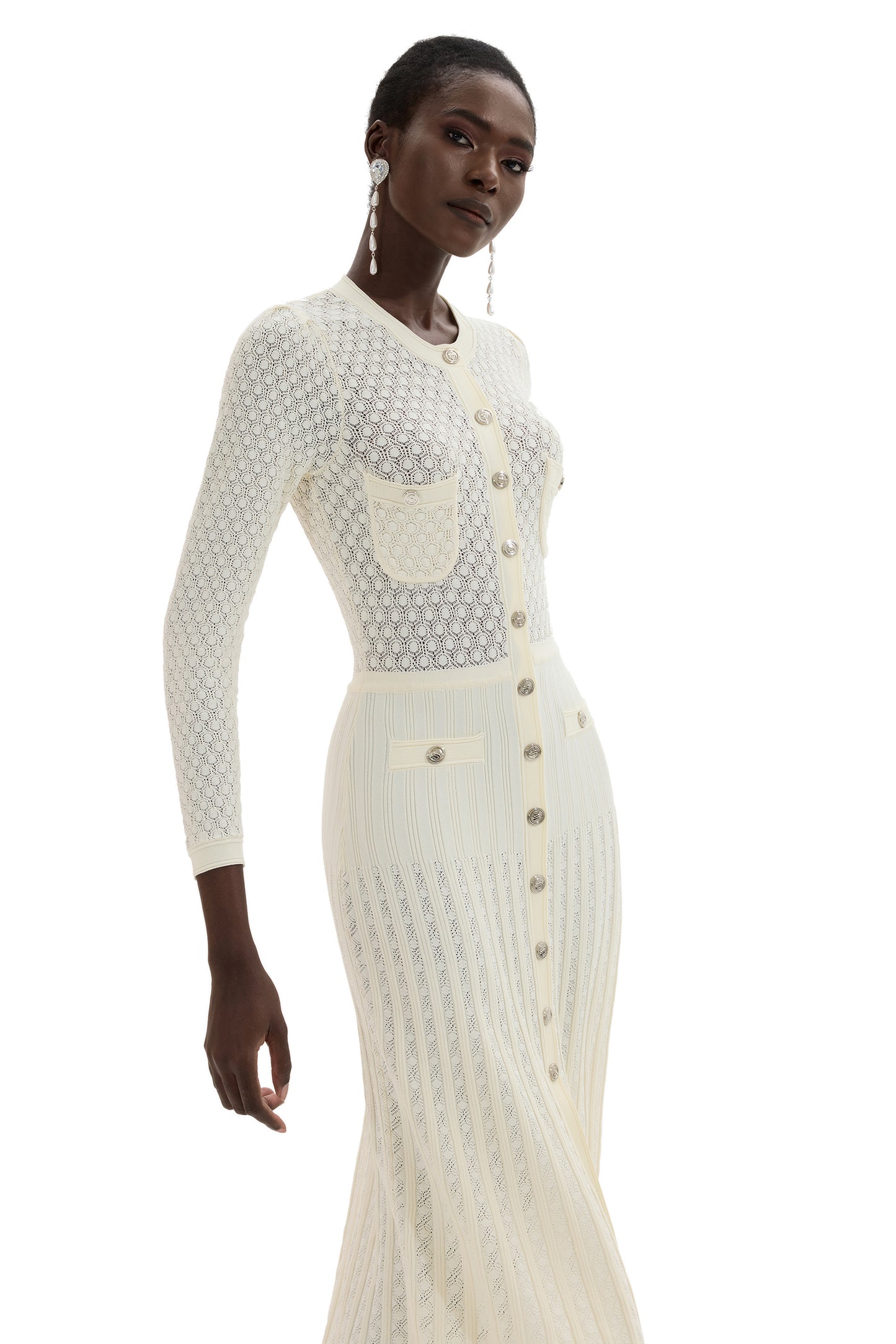 Knit Button Long Sleeve Midi Dress