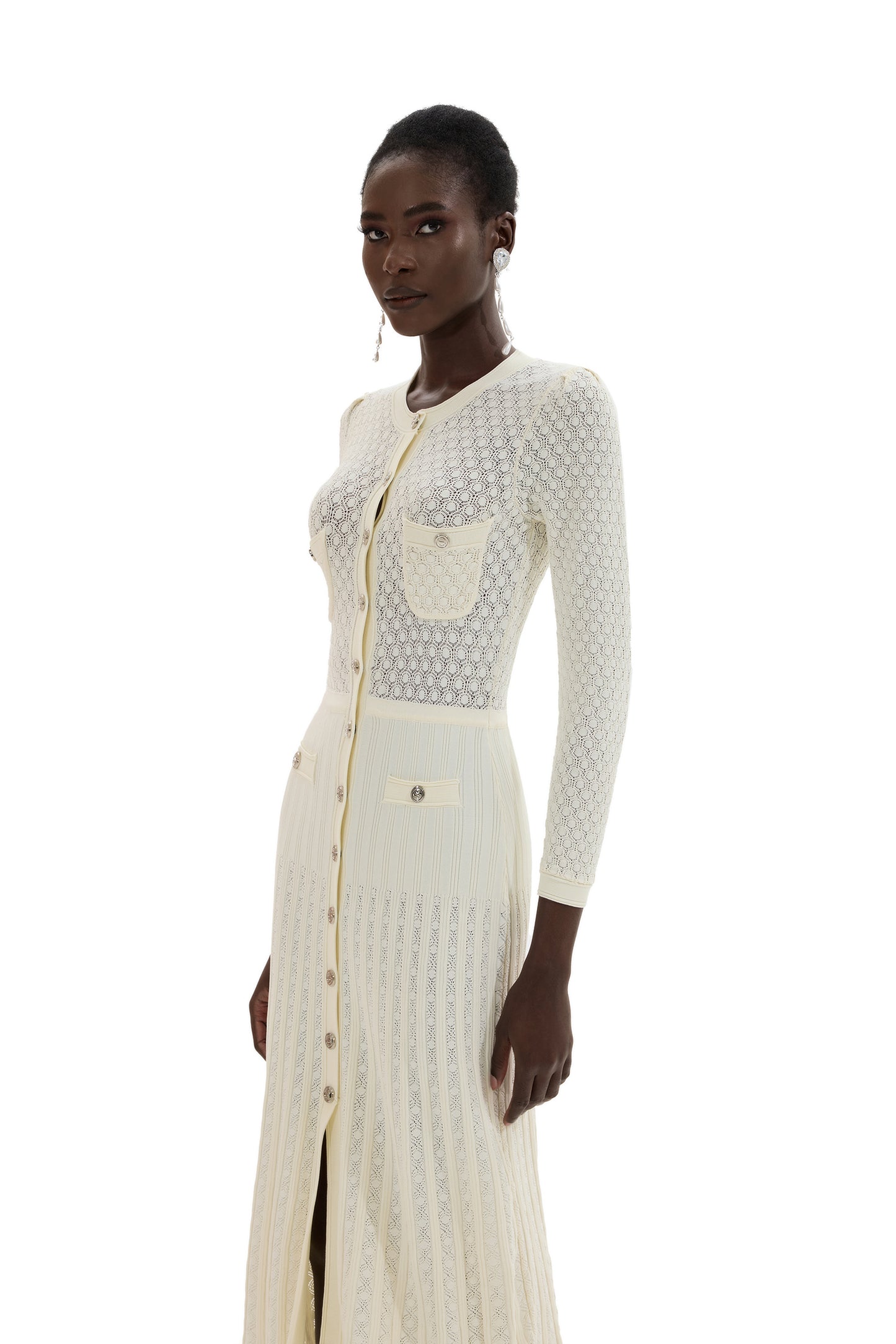 Knit Button Long Sleeve Midi Dress