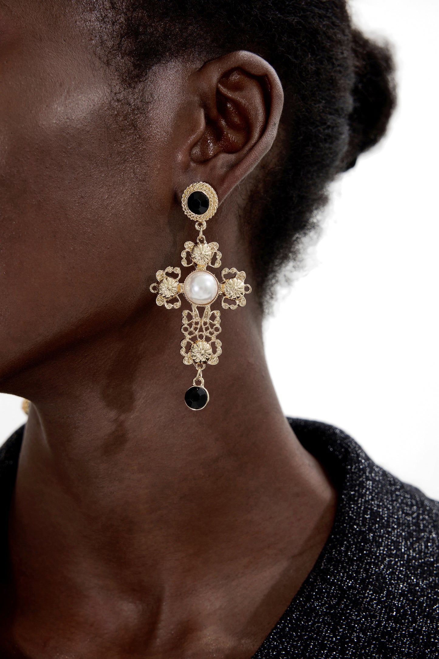 Faux Pearl Metal Cross Shape Drop Earrings