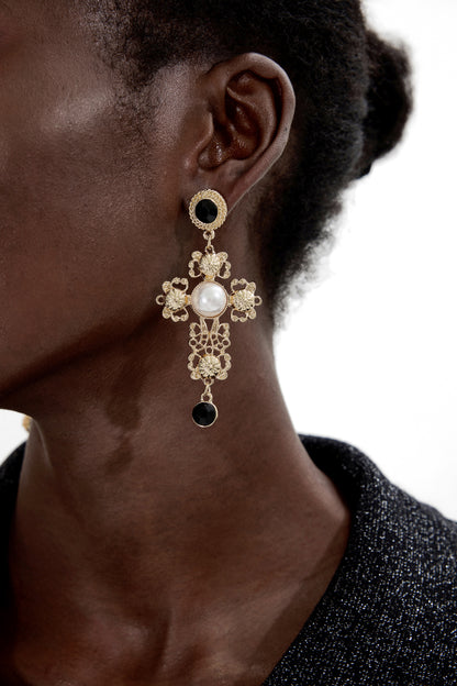 Faux Pearl Metal Cross Shape Drop Earrings