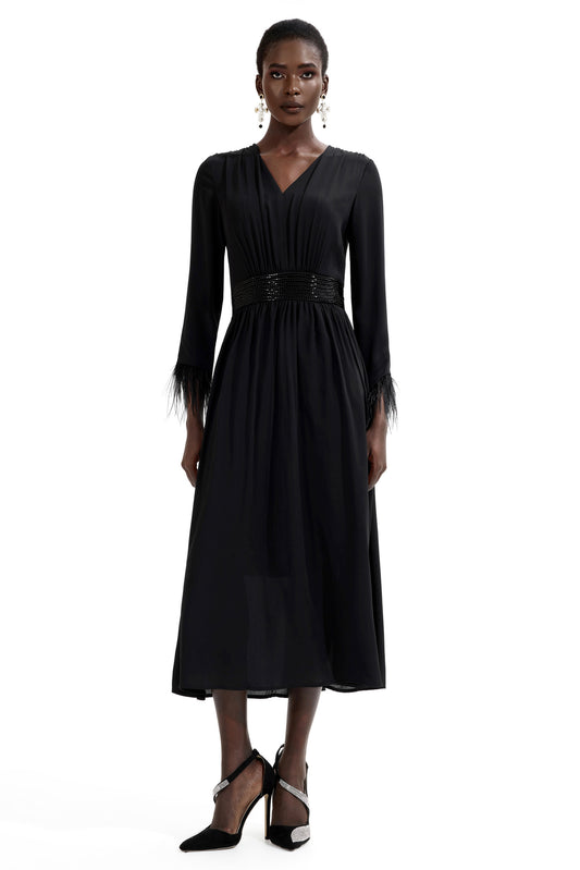 Rhinestone V-Neck Long Sleeve Feather Midi Dress