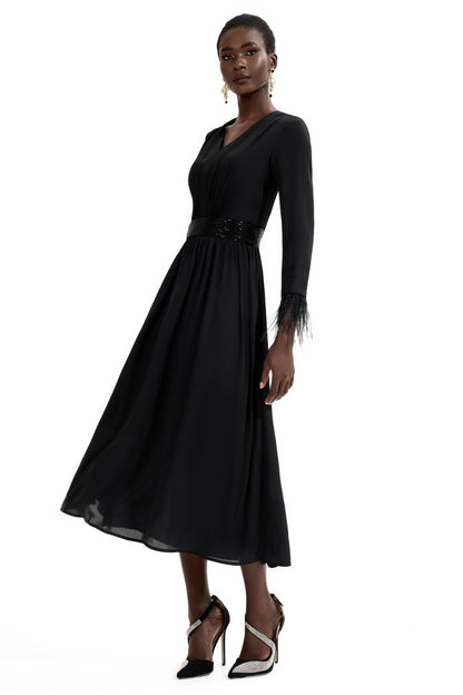 Rhinestone V-Neck Long Sleeve Feather Midi Dress