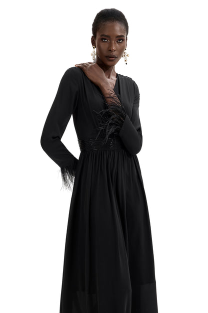 Rhinestone V-Neck Long Sleeve Feather Midi Dress