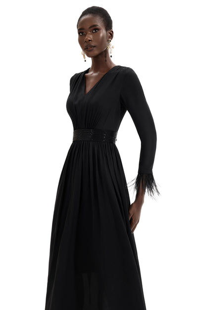 Rhinestone V-Neck Long Sleeve Feather Midi Dress