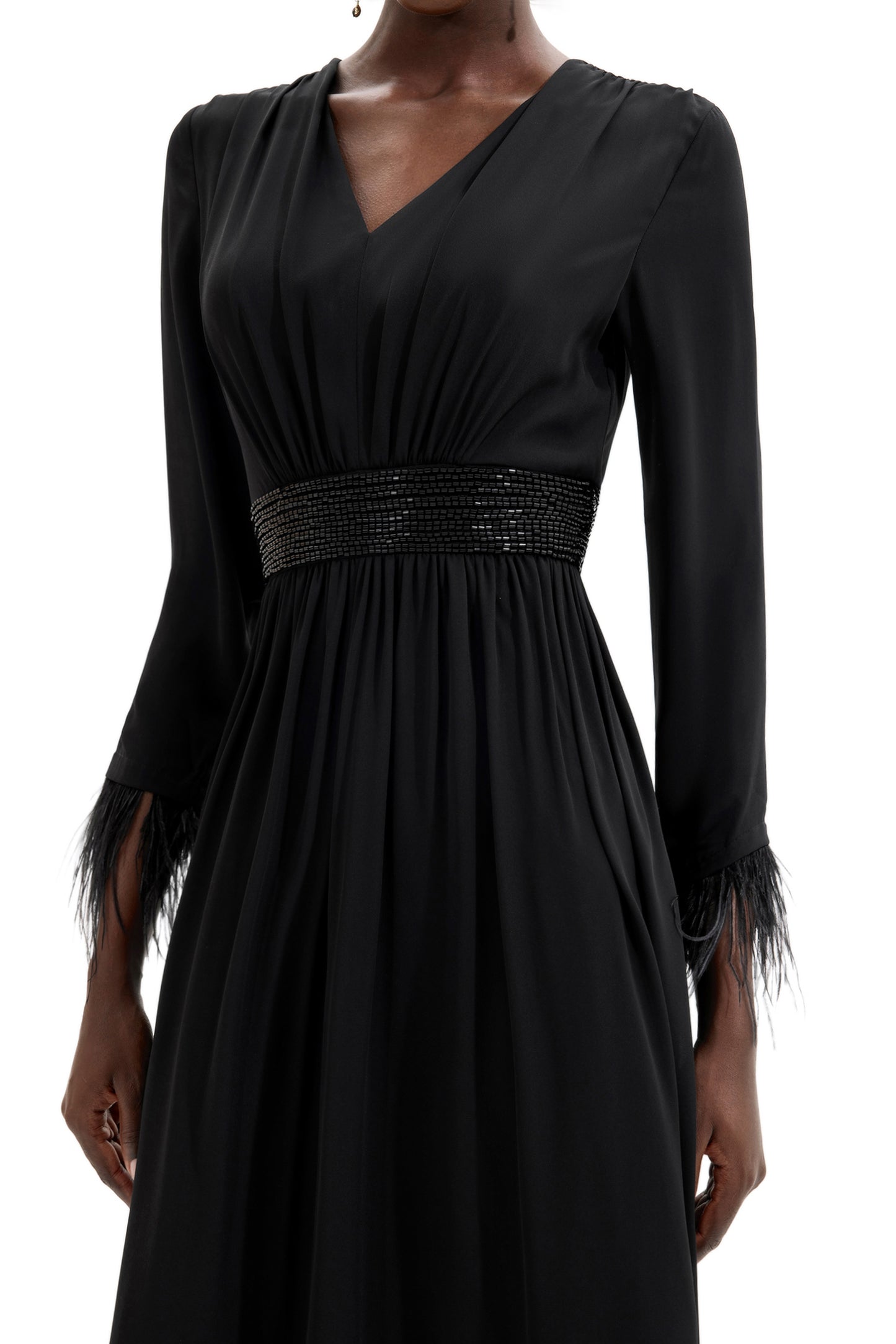 Rhinestone V-Neck Long Sleeve Feather Midi Dress
