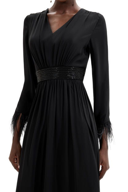 Rhinestone V-Neck Long Sleeve Feather Midi Dress