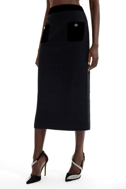 Velvet Splicing High Waist Midi Skirt