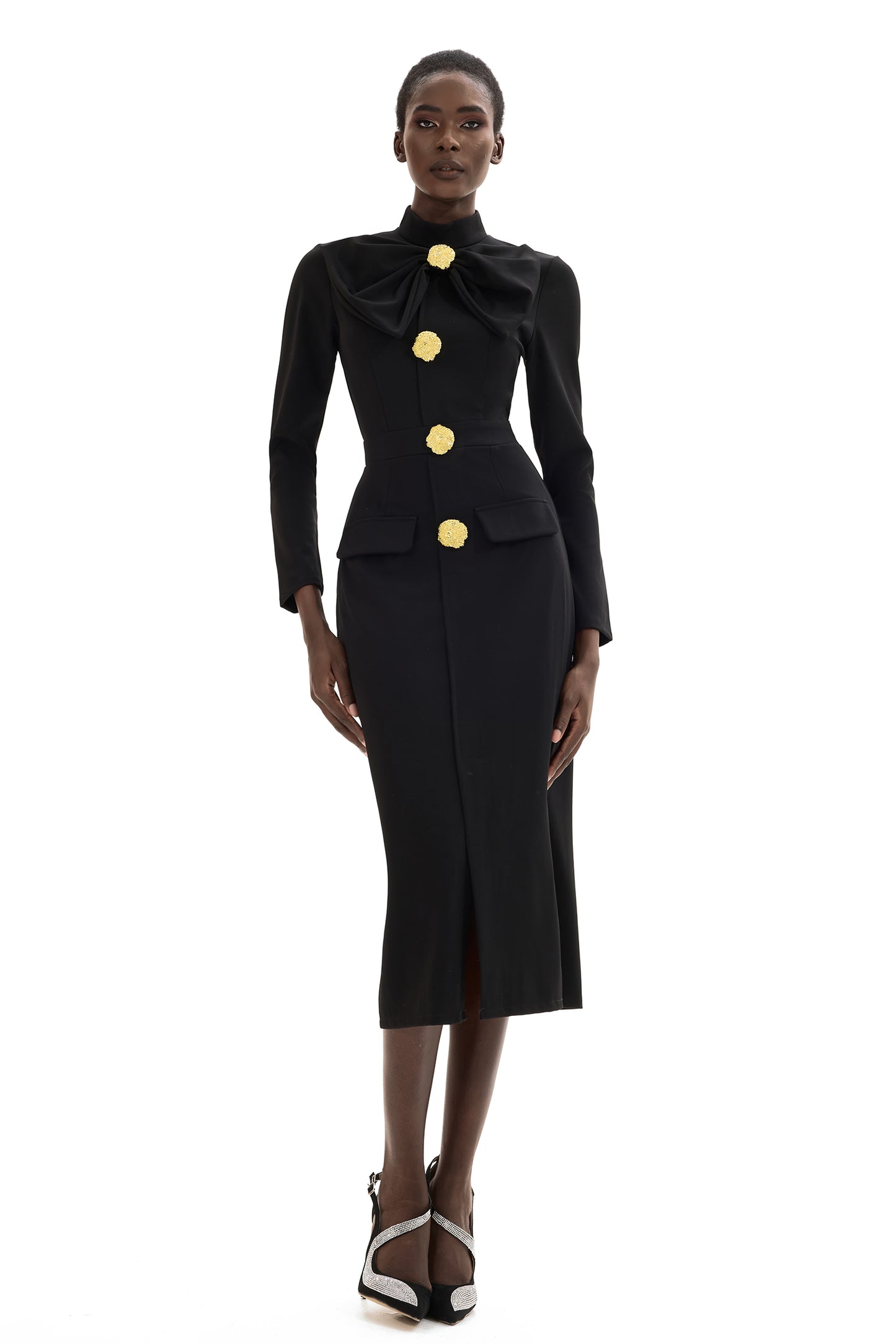 Bow Metal Button Long Sleeve Midi Dress