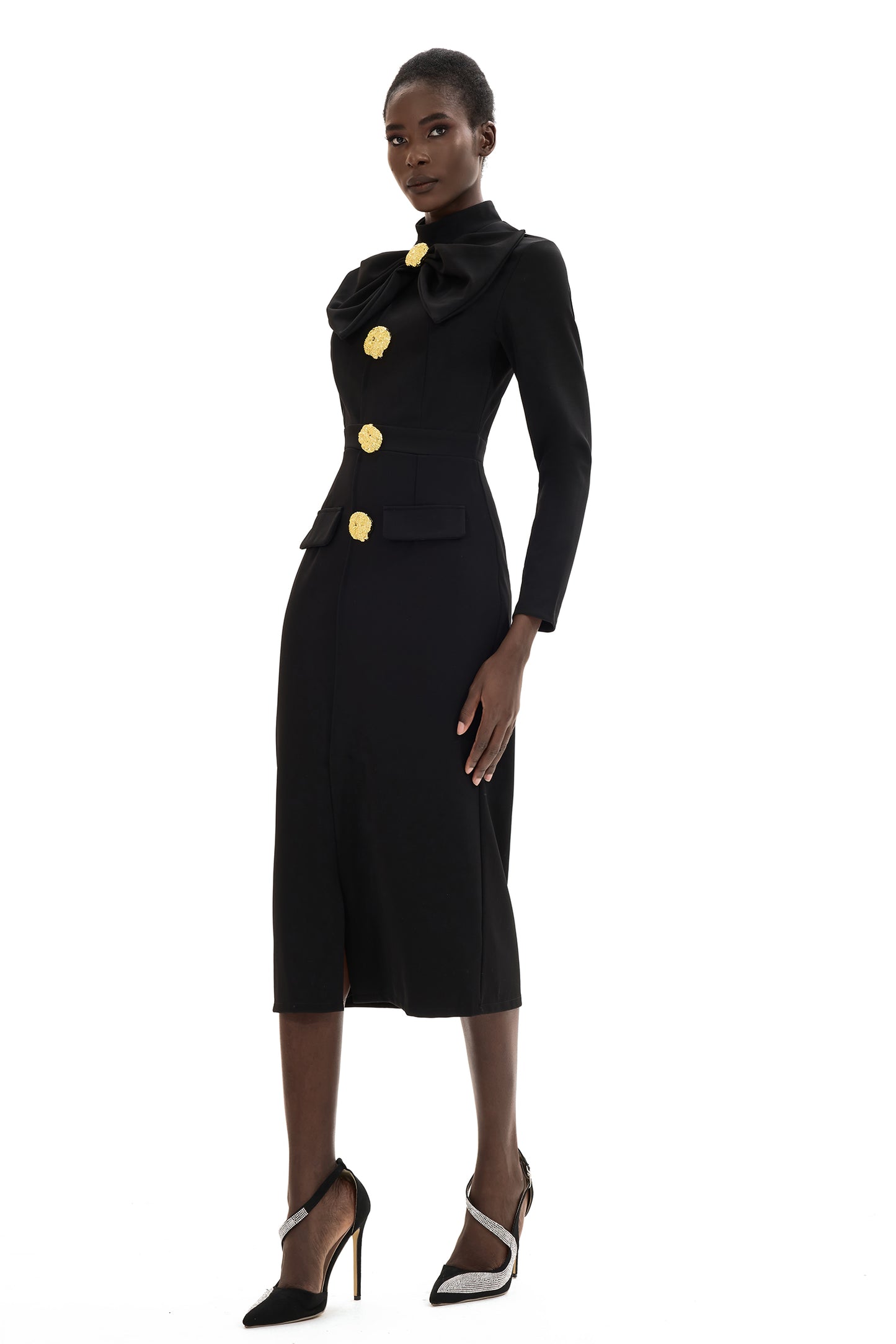 Bow Metal Button Long Sleeve Midi Dress