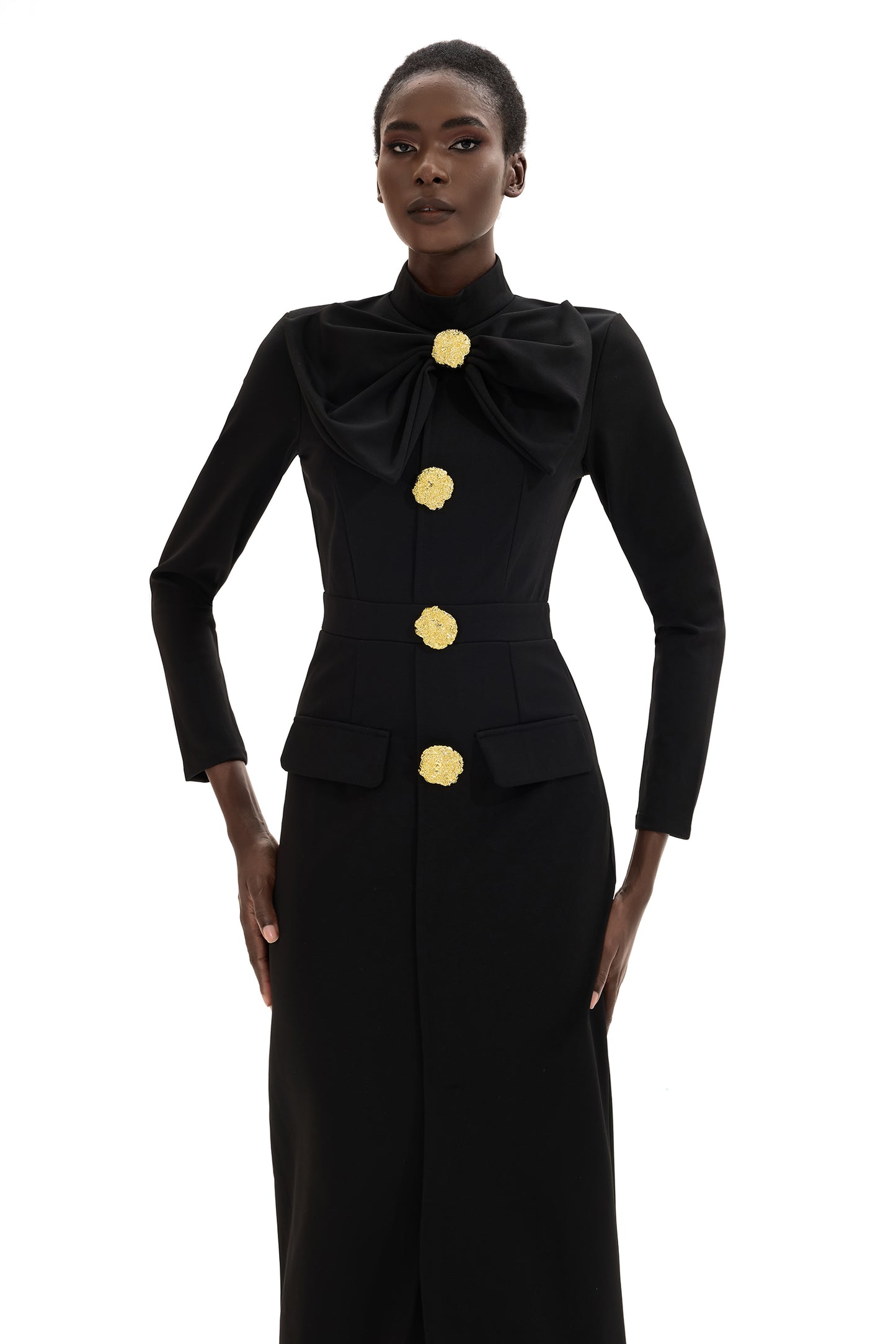 Bow Metal Button Long Sleeve Midi Dress