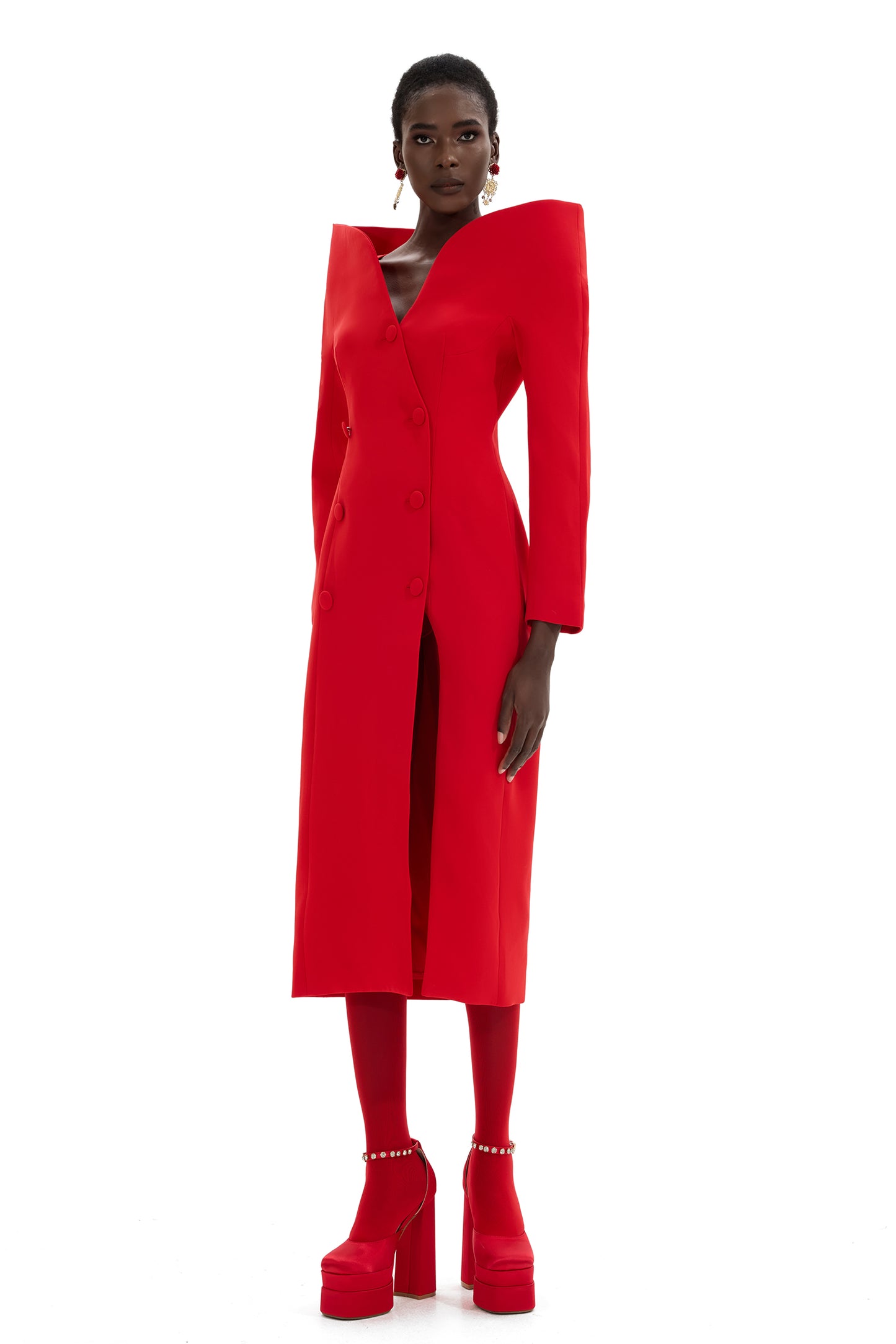 Stand Collar Solid Long Sleeve Midi Coat