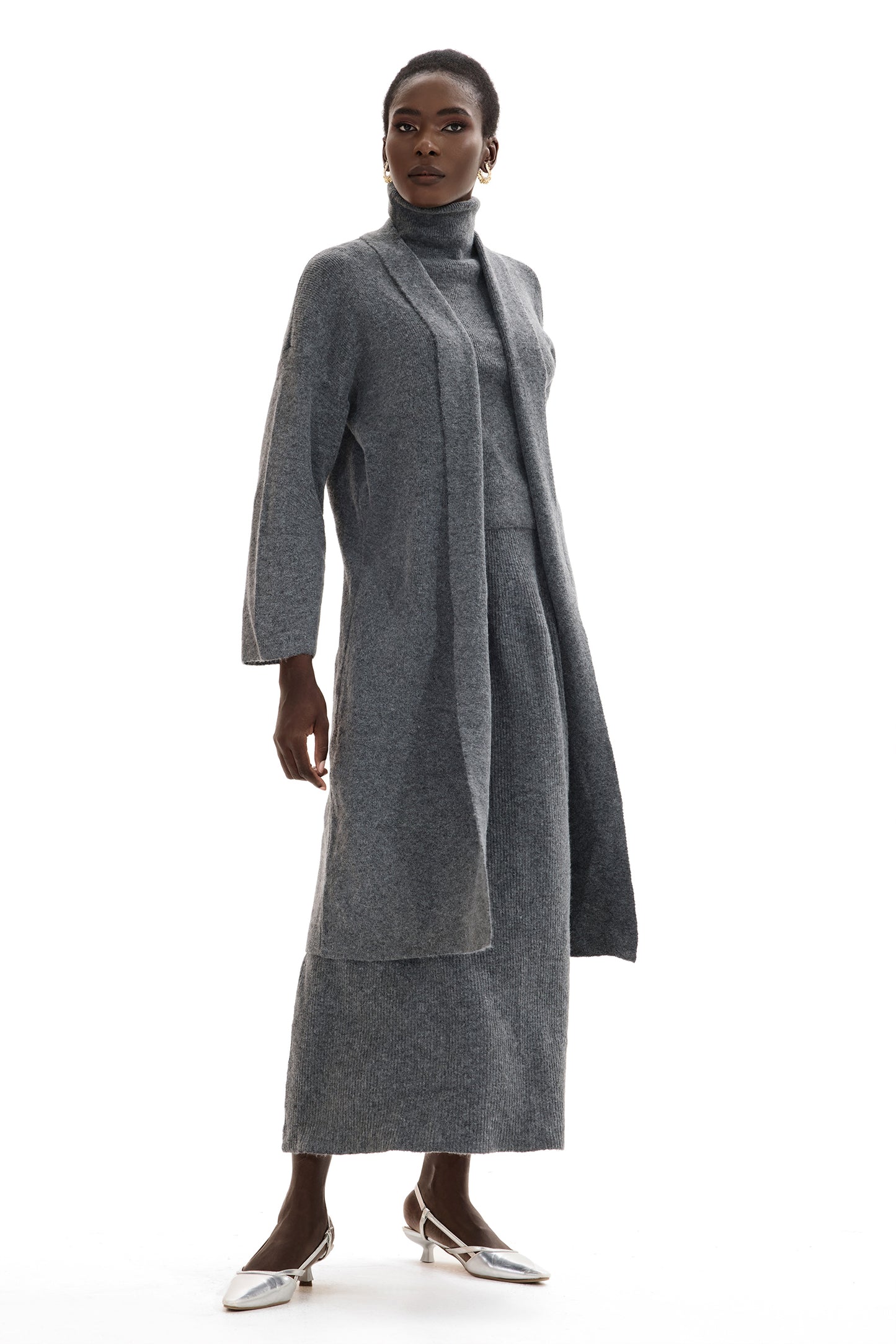 Long Sleeve Cardigan & High Neck Sleeveless Top & Maxi Skirt Set