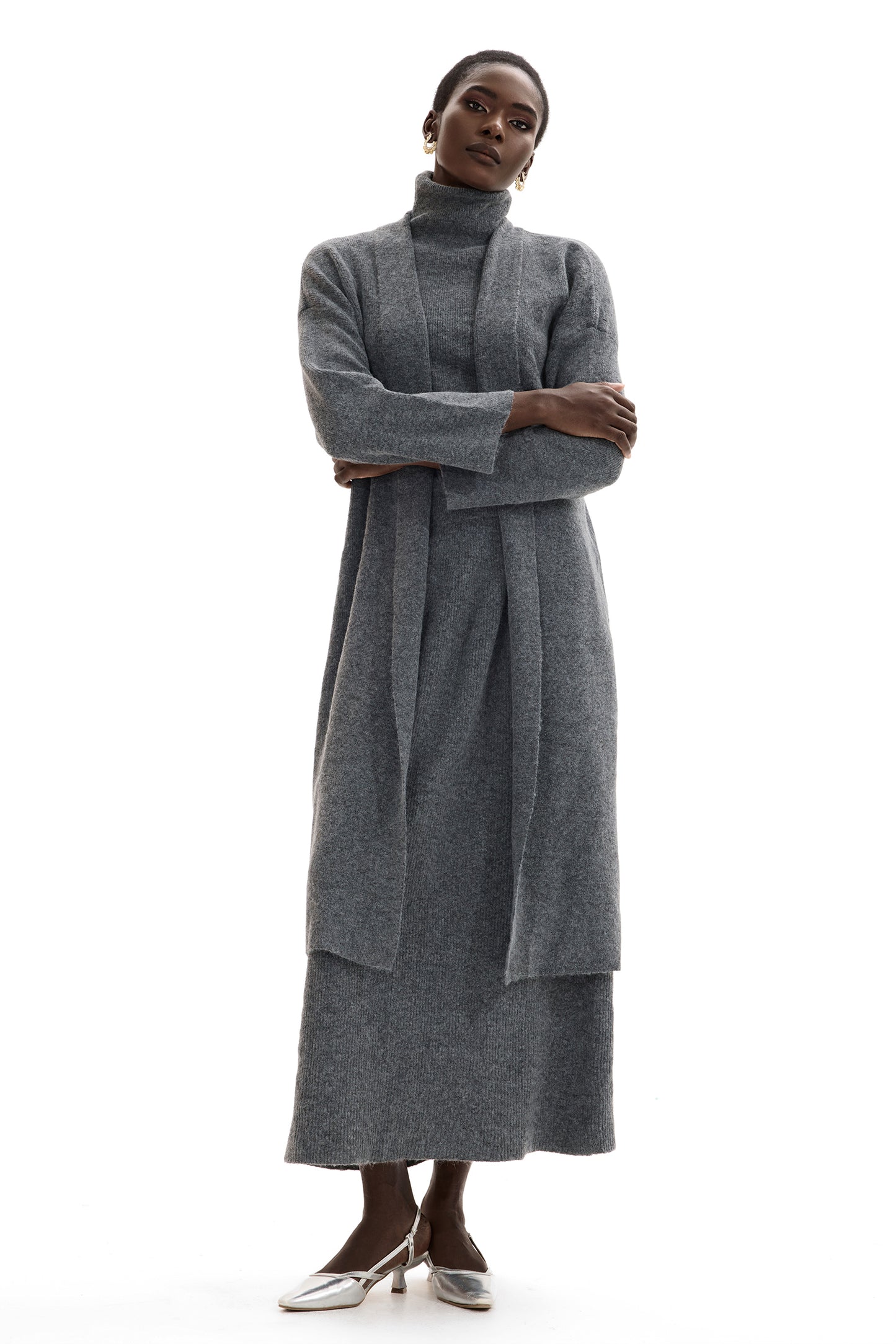 Long Sleeve Cardigan & High Neck Sleeveless Top & Maxi Skirt Set