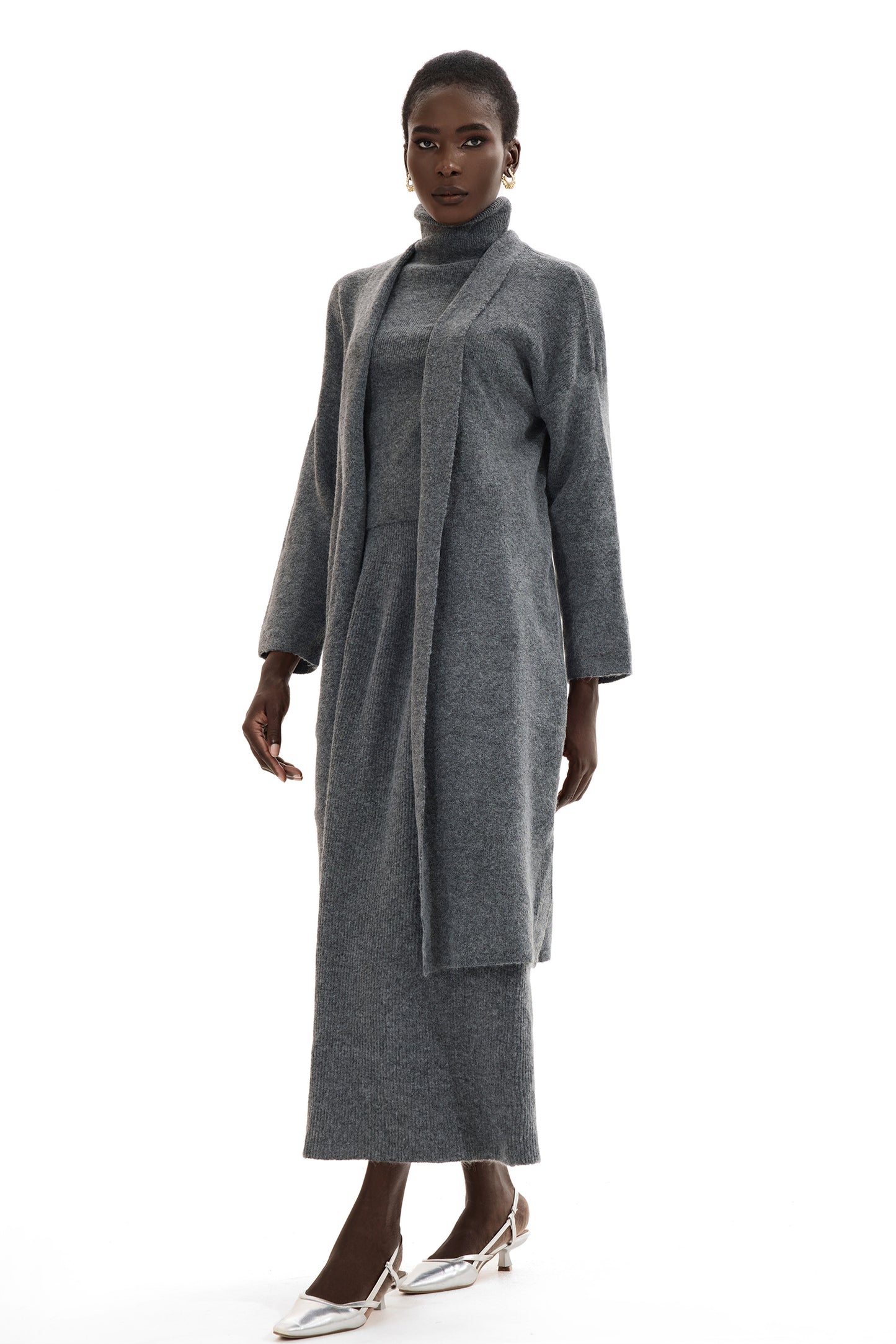 Long Sleeve Cardigan & High Neck Sleeveless Top & Maxi Skirt Set