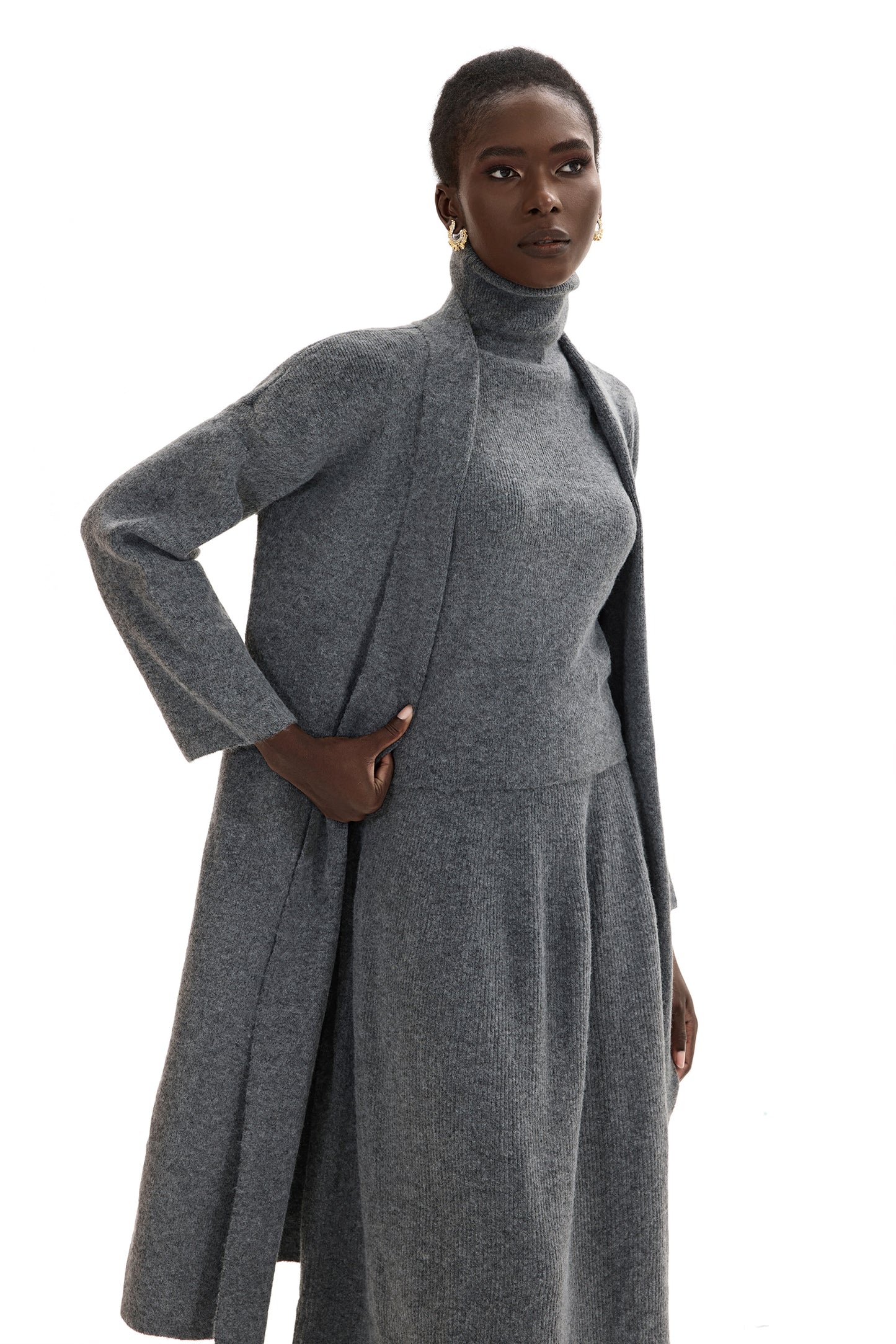 Long Sleeve Cardigan & High Neck Sleeveless Top & Maxi Skirt Set