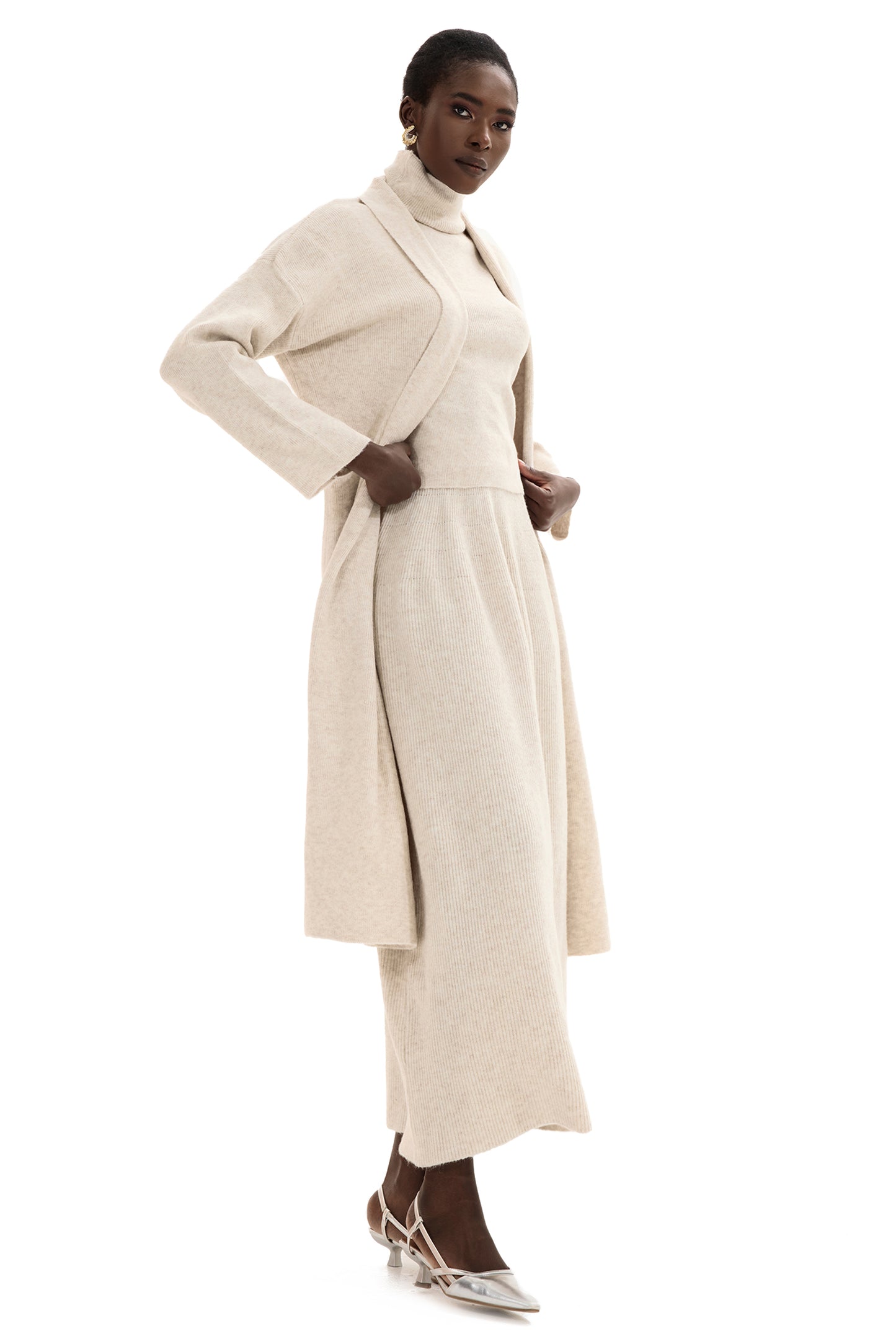 Long Sleeve Cardigan & High Neck Sleeveless Top & Maxi Skirt Set