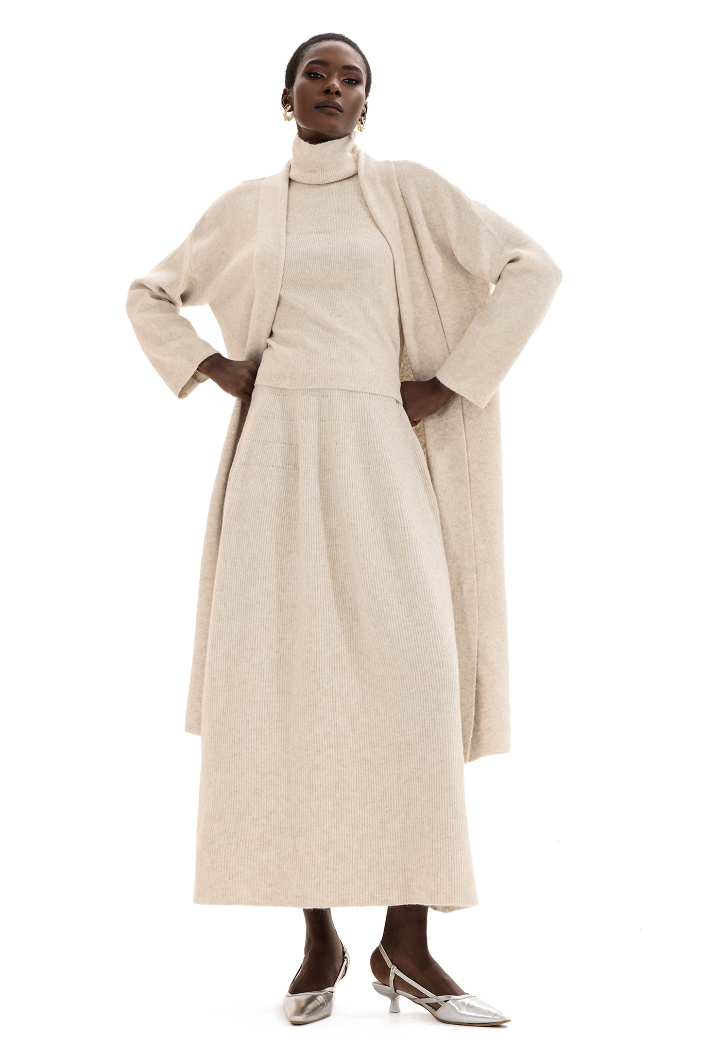 Long Sleeve Cardigan & High Neck Sleeveless Top & Maxi Skirt Set