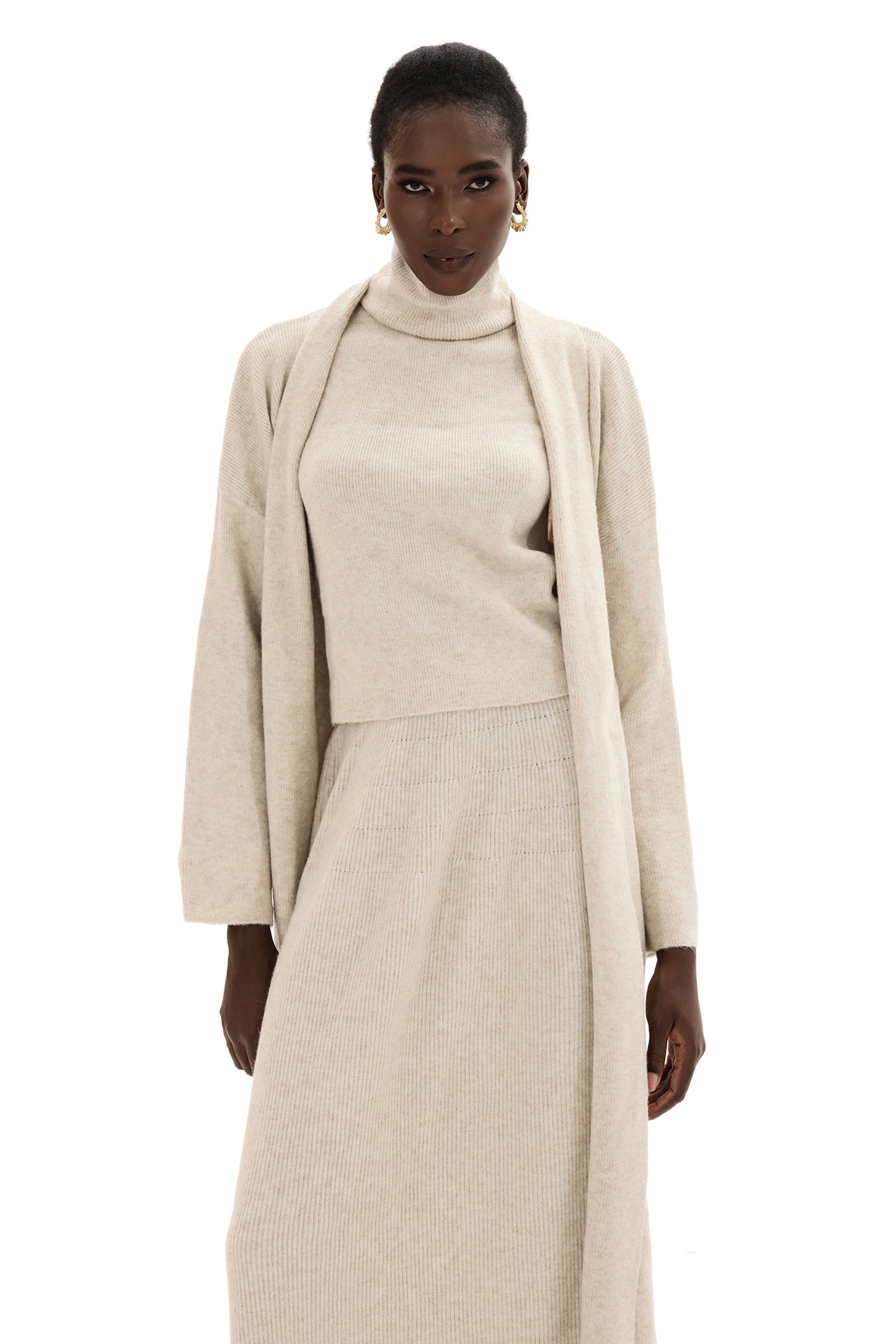 Long Sleeve Cardigan & High Neck Sleeveless Top & Maxi Skirt Set