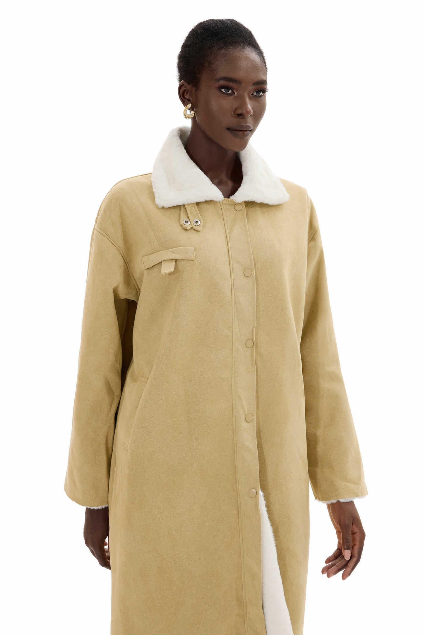 Faux Shearling Contrasting Collar Coat