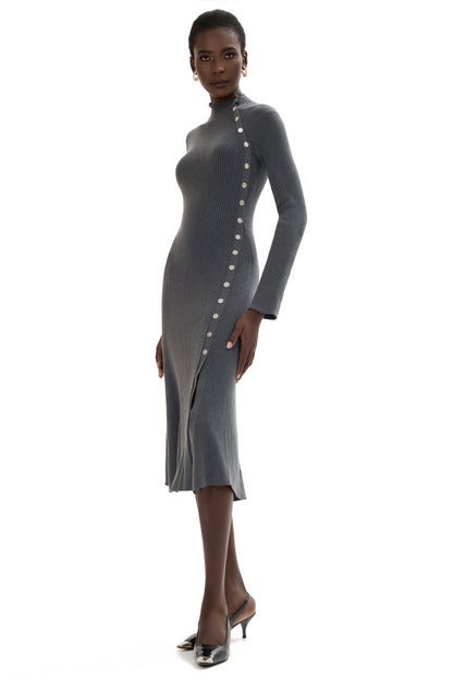 Jersey Button Long Sleeve Midi Dress