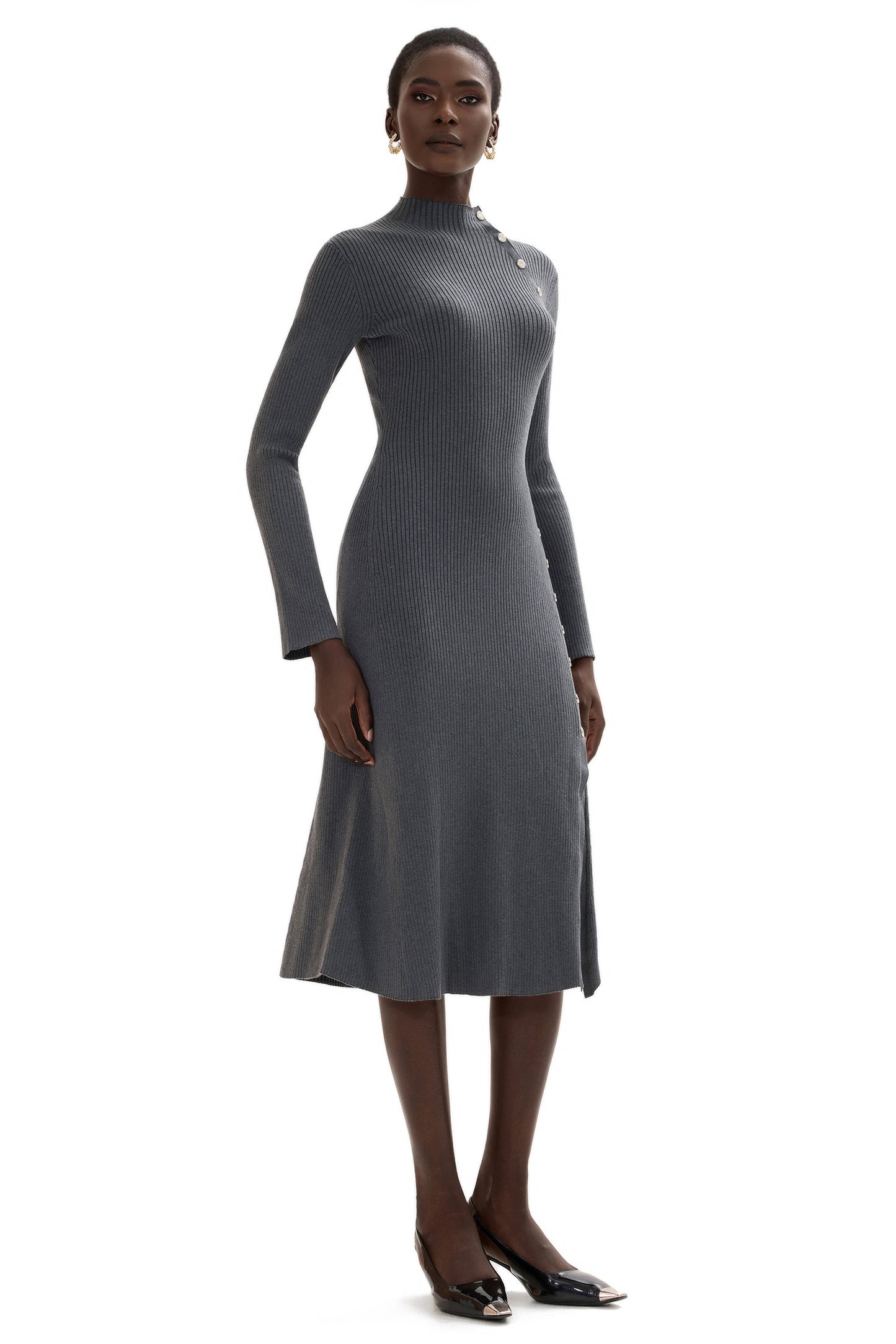 Jersey Button Long Sleeve Midi Dress