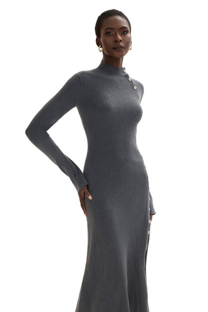 Jersey Button Long Sleeve Midi Dress